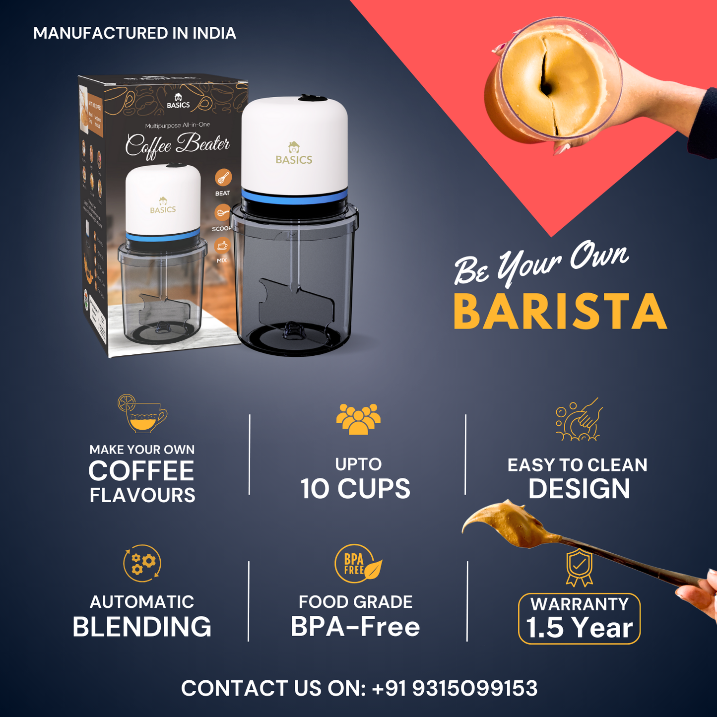 Coffee Beater - Automatic | Whipped Butter | Egg Beater | Pancake Mixer | Pakoda Batter, Electric 40 W